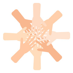 チームのメンバーと手と手を合わせ、一致団結して、プロジェクトに挑むビジネスイラスト。