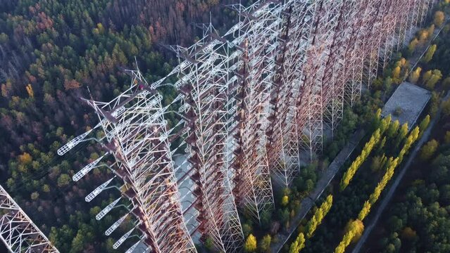 A dron view from above of Duga radar against the backdrop of a forest in Pripyat