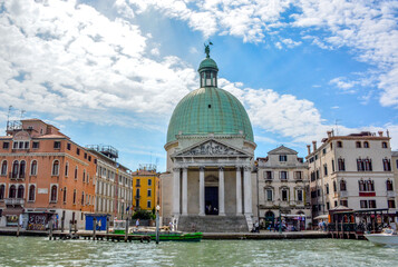 Naklejka premium :View of San Simeone Piccolo church on Grand Canal, tourists sitting on steps, Santa Croce district, Cannaregio, Venice, Italy