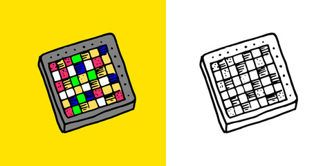 Drum machine or midi sampler. Producer equipment. Musical instrument. Hand drawn sketch in vintage doodle style.