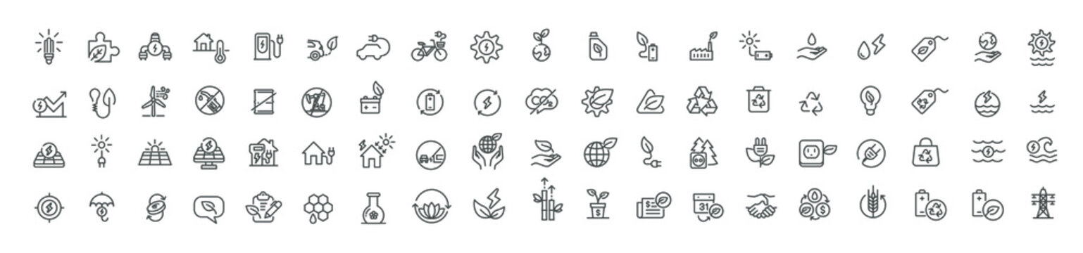 Sustainable Energy Eco friendly related thin line icon set in minimal style. 76 icons Linear ecology icons. Environmental sustainability simple symbol. Renewable energy. Editable stroke.