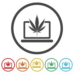 Laptop and medical marijuana or cannabis leaf icon isolated on white background. Set icons colorful