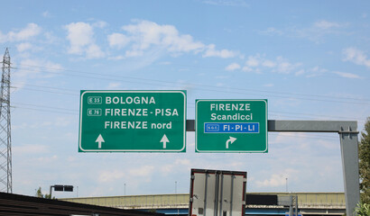 motorway sign with directions to the Italian cities Bologna Scandicci Pisa and the ring road called FI-PI-Li which are the initials of the places FIRENZE PISA LIVORNO