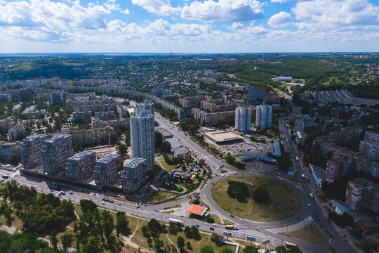 Dnipro, Ukraine. View of the residential area Pobeda Dnepr. Top view from a great height. Panoramic view of the city.