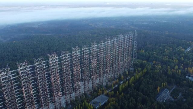 Drone view of the Chernobyl exclusion zone from Duga radar in autumn weather.