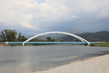 Fototapeta na wymiar Modern bridge made with arches and steel ropes that crosses the river