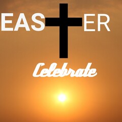 Easter festival celebration card with middle Christian cross with sunset background. illustration of a cross