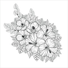 Plant composition. Drawn beautiful flowers in line art style. Vector graphics. Linear drawing of blooming flowers on a white background.