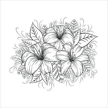 Plant composition. Drawn beautiful flowers in line art style. Vector graphics. Linear drawing of blooming flowers on a white background.