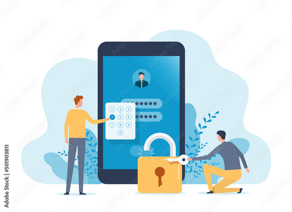 Poster business developer setting security system for protect data account and user key password for login mobile phone application concept