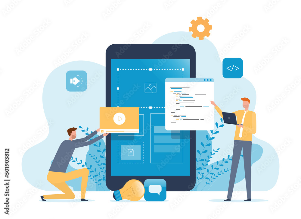 Poster Business mobile application developer and designer team working process concept. 