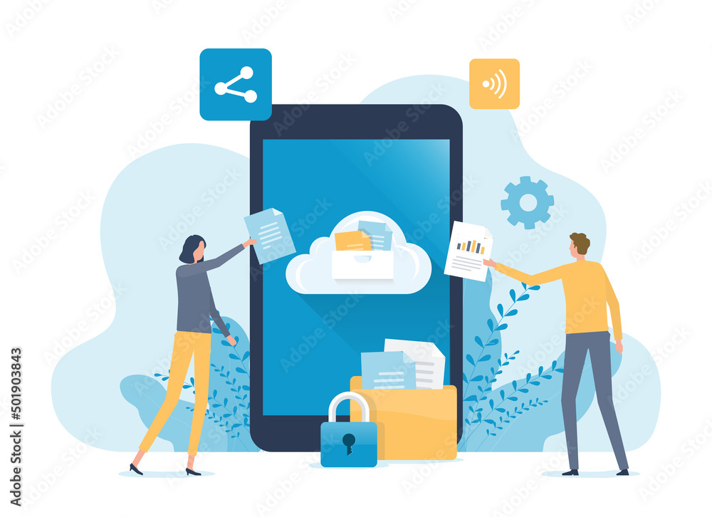 Aufkleber Business technology mobile cloud computing service and technology file upload backup on cloud server storage concept with team administrator and developer working 

