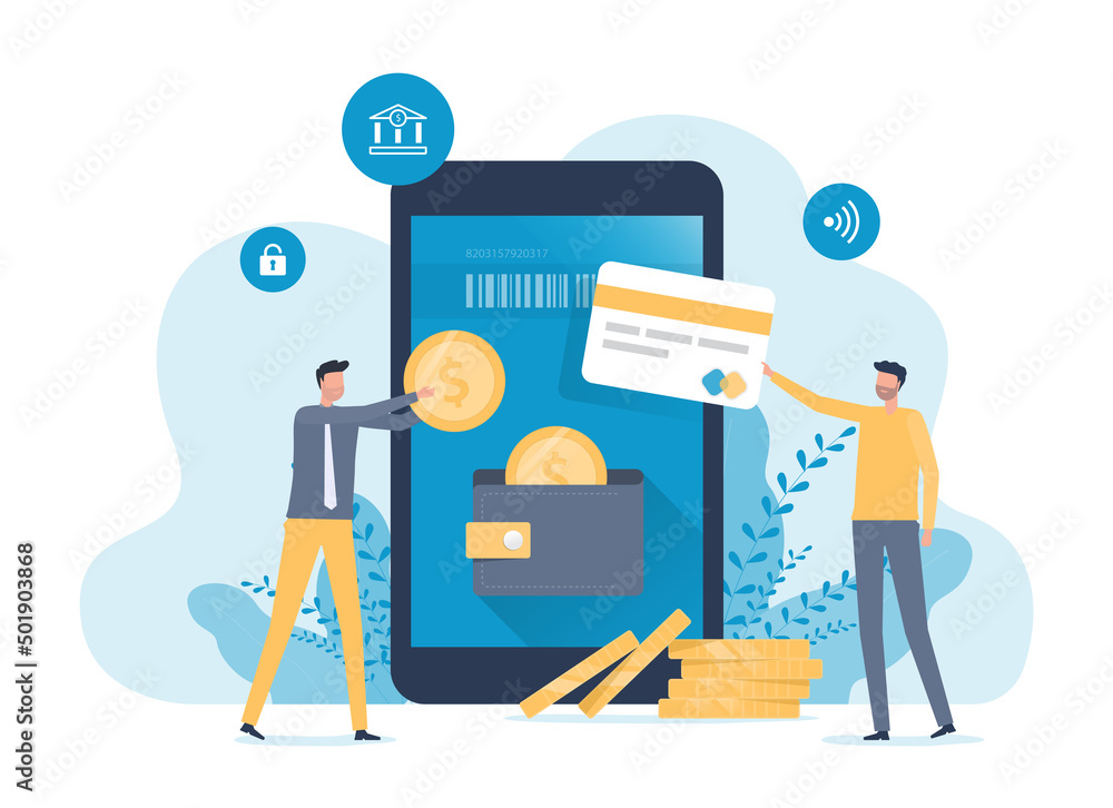 Poster flat vector business technology mobile wallet and online payment with smartphone concept and mobile 