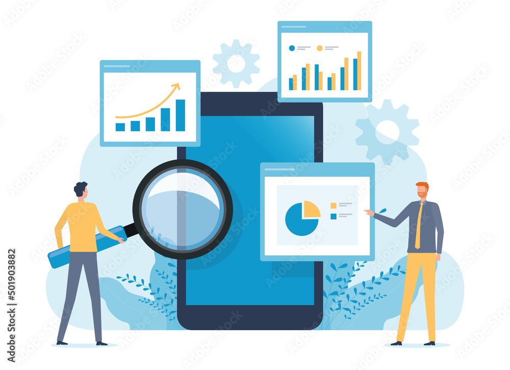 Aufkleber business people analytics and monitoring report dashboard on mobile phone application monitor concept and flat vector illustration design data analytics research for business finance planning.