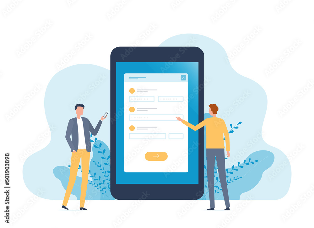 Poster Flat vector people business team working development mobile application form registration online concept 


