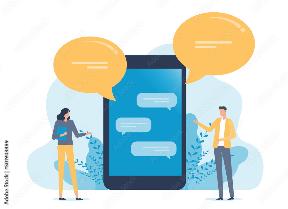 Aufkleber Flat vector people team communication working online with mobile application and social network meeting for business concept

