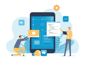 Business mobile application developer and designer team working process concept. 