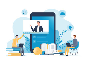 Fototapeta vector illustration design online education and E-learning at home by webinar training and design for Webinar, online video training, tutorial podcast and business coaching concept. obraz