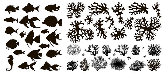 Set of underwater objects. Set of fish and corals vector silhouettes black isolated on white background in monochrome style.