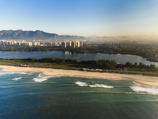Aerial view of Reserva beach, Marapendi lagoon and car traffic on Lucio Costa avenue. Barra da...
