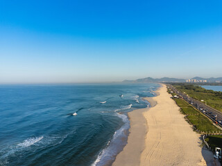Aerial view of Reserva beach, Marapendi lagoon and car traffic on Lucio Costa avenue. Barra da...