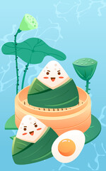 Dragon Boat Festival Zongzi on a steamer with a pond and lotus leaves in the background, vector illustration
