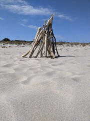 Stacked light trees and branches by the sea, like a wigwam or a bonfire