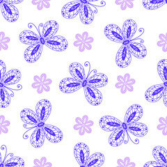 Fototapeta na wymiar Two-tone pattern with openwork painted butterflies and flowers in lilac tones on a transparent background. Seamless texture. Vector eps 10