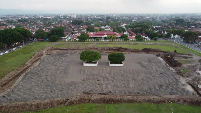 Aerial view of the yogyakarta palace with the field under construction