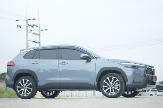 Samut Prakan, Thailand - April 30, 2022 : Toyota Corolla Cross car with 1.8 litre hybrid engine