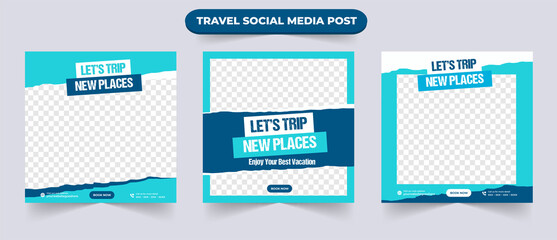 Flat vacation tour and travel sale social media post banner with editable photo for traveling agency business promotion design template