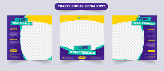 Holiday tour and travel sale social media post banner with editable photo for traveling agency business promotion design template