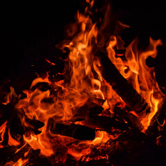 Fire flames on black background, Blaze fire flame texture background, Beautifully, the fire is burning, Fire flames with wood and cow dung bonfire