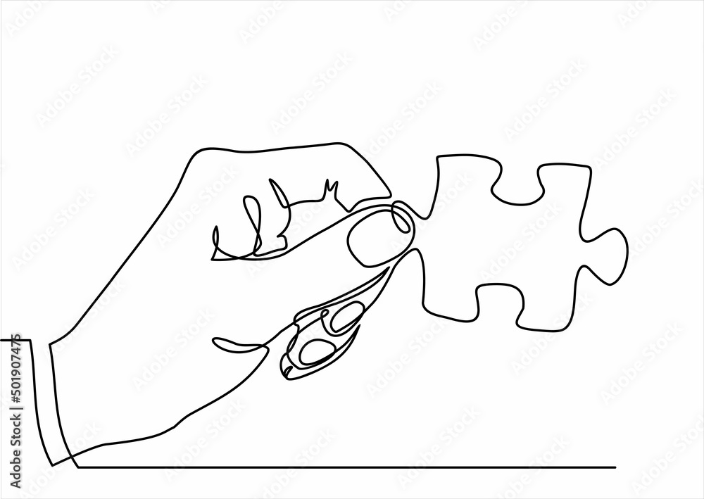 Poster continuous line drawing of hand holding puzzle piece as a solution.business matching - connecting pu