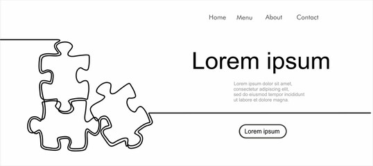 Continuous one line drawing of a two piece jigsaw on a white background. Puzzle game symbol and iconic business metaphor for problem solving, solution and strategy. 