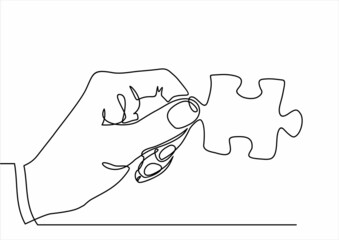 continuous line drawing of hand holding puzzle piece as a solution.Business matching - connecting puzzle elements.  Puzzle game symbol and iconic business metaphor for problem solving, solution.