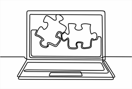 One Line Drawing Of Laptop Computer With Puzzle Pieces As Business Concept Of Solution