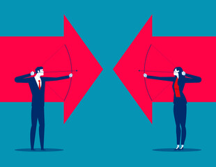 Business team aiming bow arrows together. Business partnership concept