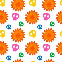 Marigolds pattern with colorful skulls on the white background cartoon vector pattern.