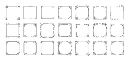 Square decorative banners. Vintage calligraphic ornamental elements. Classic line frames with filigree scrolls or floral embellishments. Geometric shapes. Vector rectangular posters set