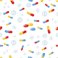 Medicine pattern. Seamless print with drugs. Treatment pills. Health care background. Vitamin capsules. Antibiotic or painkiller. Medicament dose. Prescription remedy. Vector texture