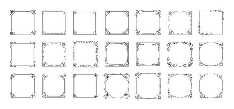 Square decorative banners. Vintage calligraphic ornamental elements. Classic line frames with filigree scrolls or floral embellishments. Geometric shapes. Vector rectangular posters set