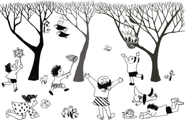 Children in spring park coloring page for kids. Doodle style, vector contour