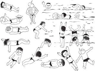 Having sunbathing coloring page for children. Doodle style, vector contour