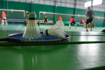 shuttlecock on badminton racket Soft-focus image