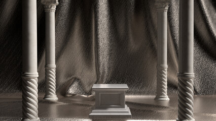 White marble display stand surrounded by marble columns. Elegant and mysterious room with a pedestal. The side warm sun light sprinkled into the temple. Luxurious product display. 3D rendering.