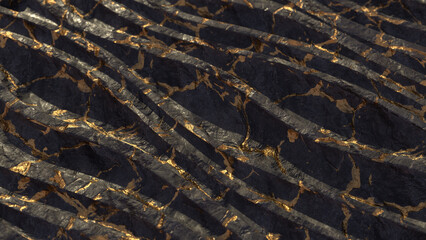 Marble luxury realistic gold black background. Wavy solid rock structure. Background images for a premium feel. 3D rendering.