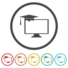 Computer and graduation cap on screen icon sign. Set icons colorful