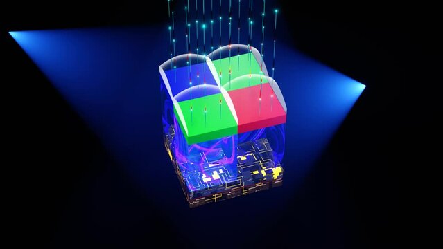 Back-illuminated sensor principle demonstration, microlences, photodiodes, colour bayer filters, metal wiring. With rays of light from top. 3D rendering