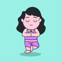 Cartoon international day of yoga illustration Young woman stretching vector character morning drill
